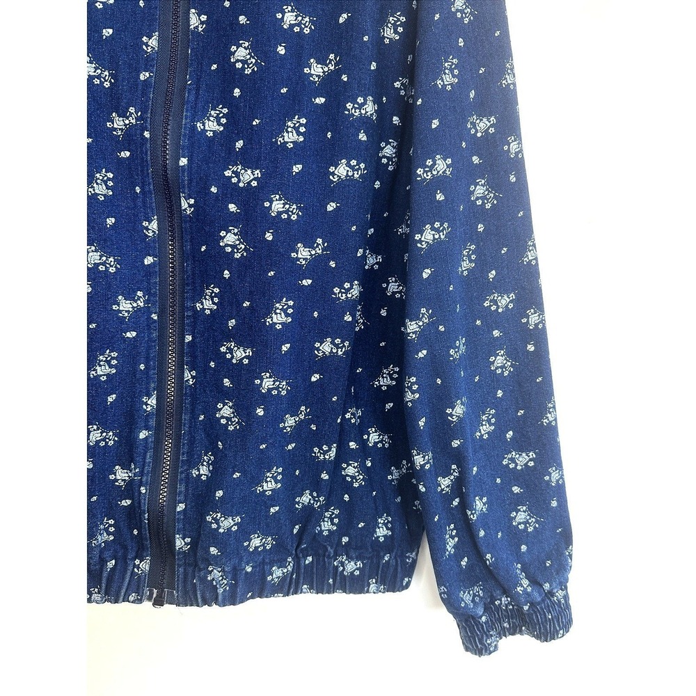 Vintage 90s Denim Zip Up Jacket Novelty Print Women's L Cottagecore Grandma Chic - Picture 7 of 8